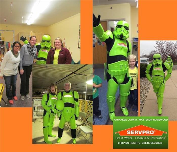 Collage of four photos of SERVPRO employees dressed up as green storm troopers