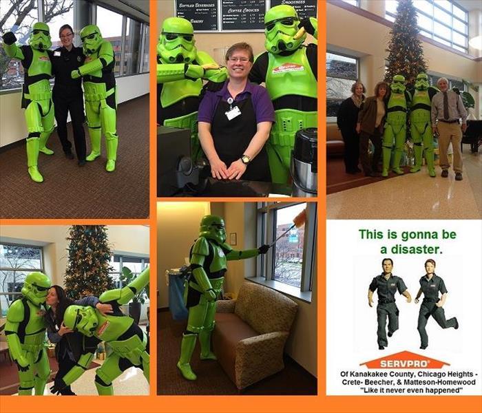 collage of six photos of SERVPRO employees dressed up as green storm troopers