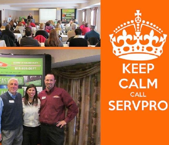 collage of two photos on and orange background with the text Keep Calm Call SERVPRO