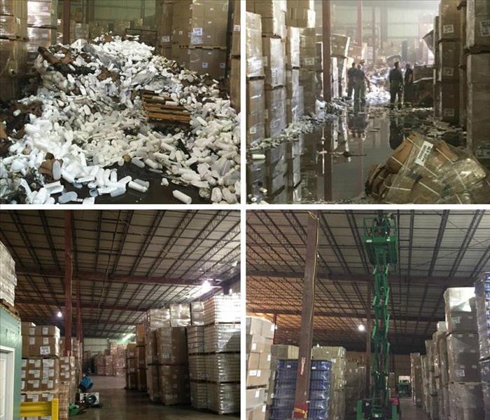 Two before and after photos of a storage warehouse damaged by fire