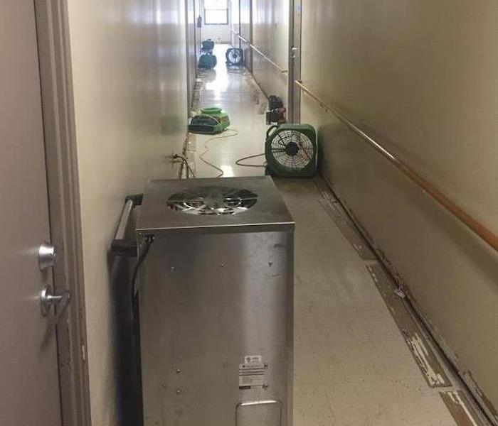 Multiple fans and dehumidifiers in hallway