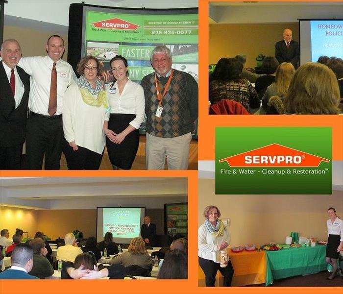Four photos of SERVPRO representatives and insurance agents at continuing education class