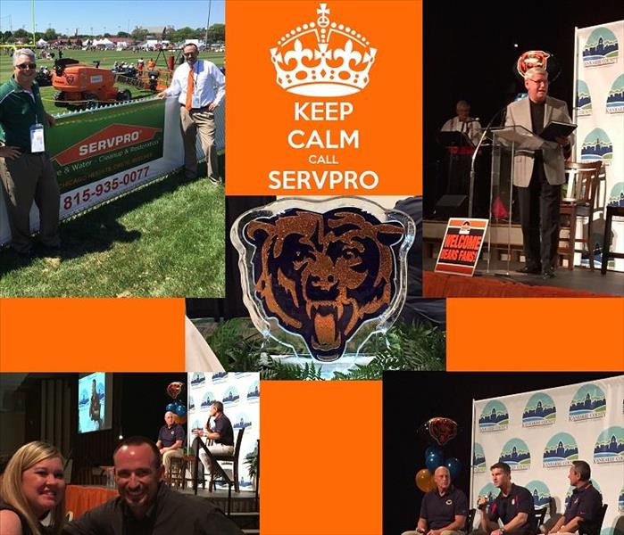 Four photos of SERVPRO representatives and president of Olivet Nazarene University at the Chicago Bears Training Camp