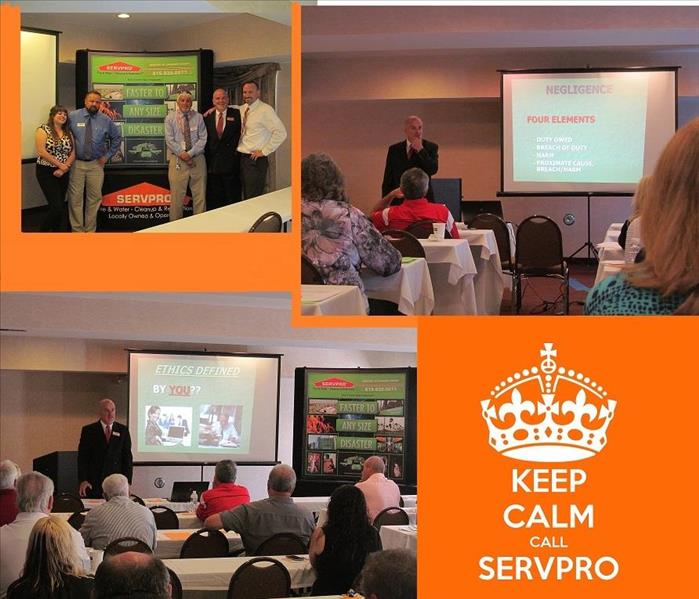 Three photos of SERVPRO representatives and insurance agents in front of a power point at a continuing education class