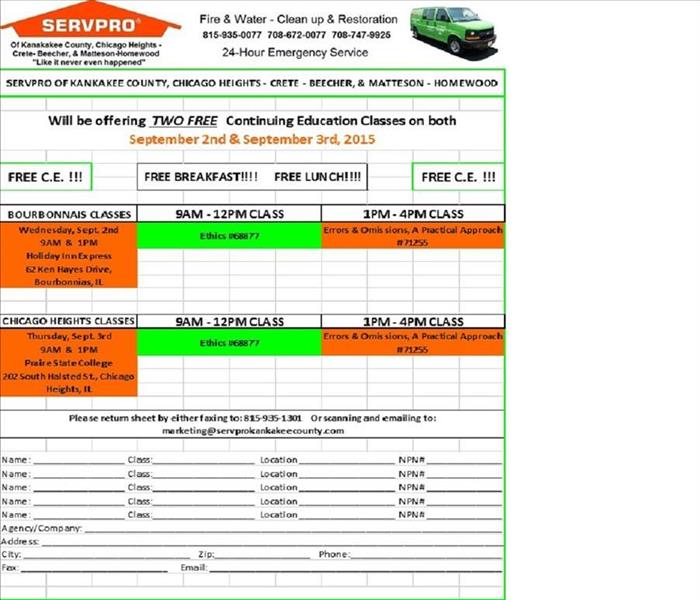 Sign-up sheet for SERVPRO continuing education classes