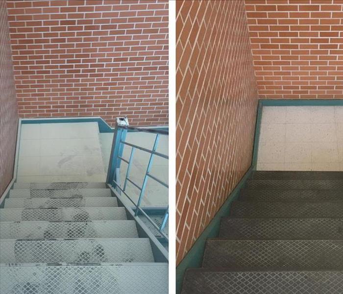 Before and after photo of a staircase damaged by a discharged fire extinguisher